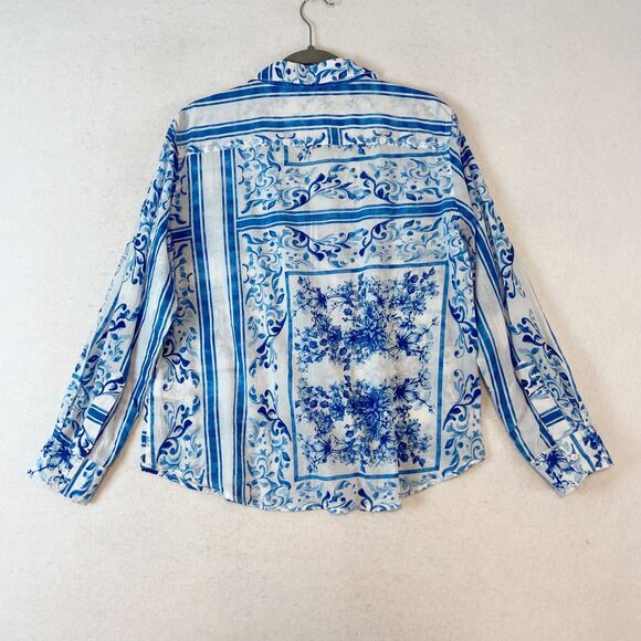 Calypso St Barth Button Up Top Women's M Blue European Summer Tile Print Beachy - Picture 3 of 6